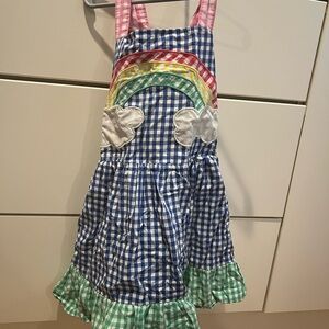 Mini Boden Blue Gingham Apron with Rainbow Accents